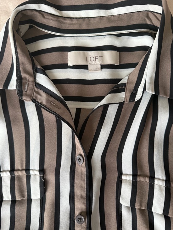 LOFT Tops - LOFT Taupe, Black & White Vertical Stripe Button-Up Blouse